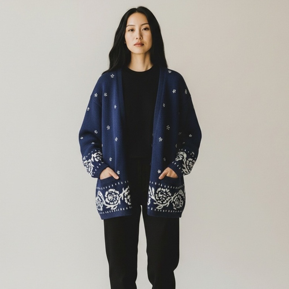 Adrienne Vittadini Sport Cardigan Knit‎ Navy Embroidered Medium Cotton Boho